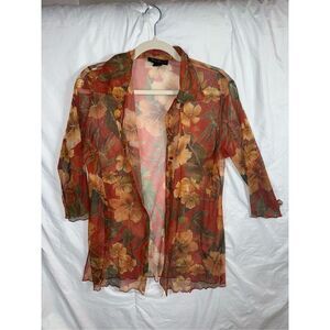 Ashley Stewart Vintage Sheer Hibiscus Tropical Print Button-Up